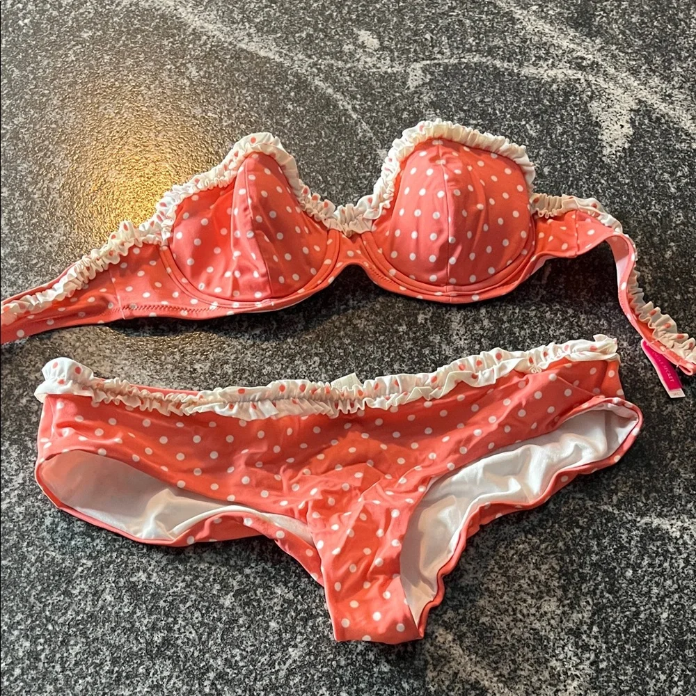 Polka Dot Ruffled Bikini Set - Coral - Picture 1 of 2